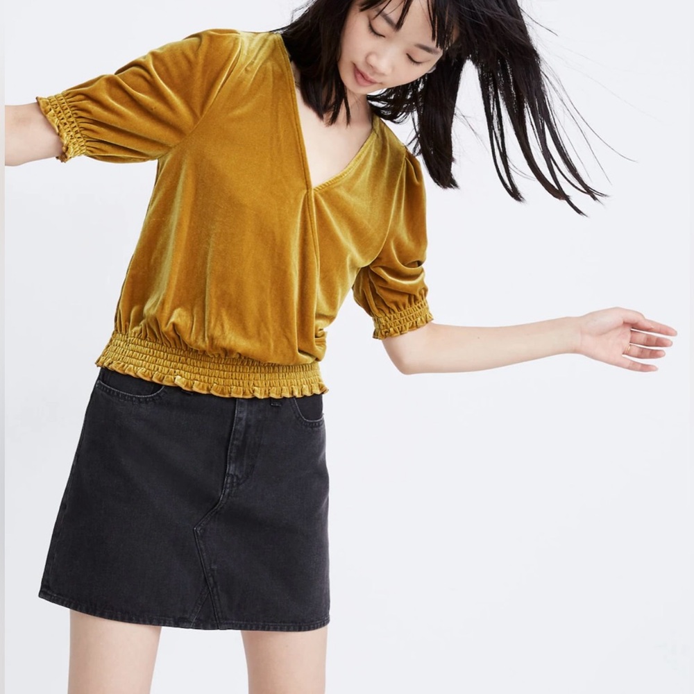 Madewell Velvet Smocked Crossover Wrap-Style Top Blouse in‎ Antique Gold Size XL